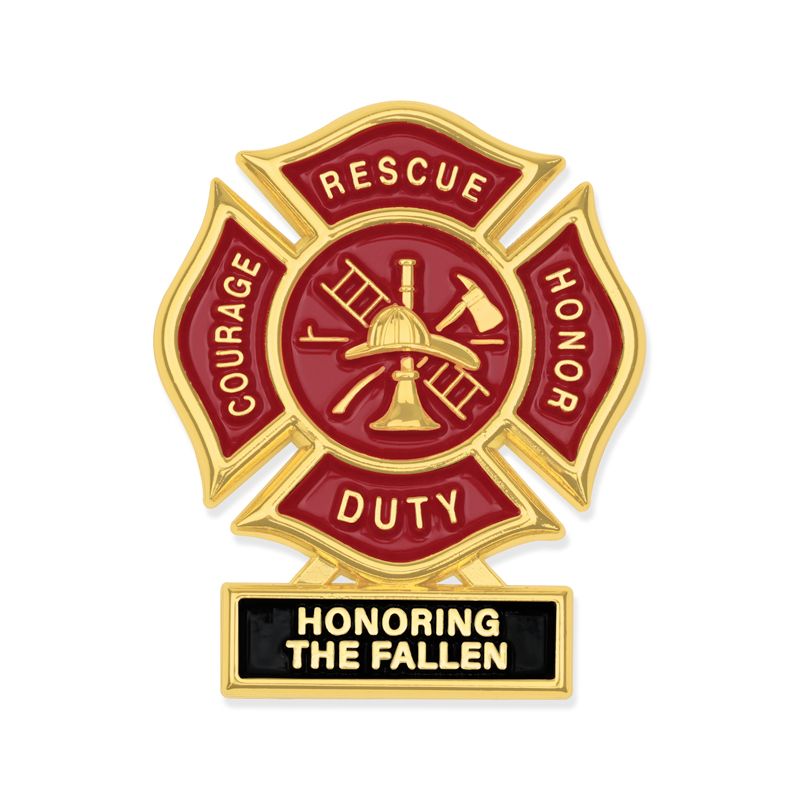 1-3/4 Inch "Honoring The Fallen" Firefighter Maltese Cross Fire Shield Soft Epoxy Enameled Carded Lapel Pin