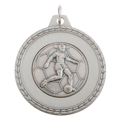 1 5/8 INCH MEDAL FRAME, SOCCER FEMALE 1 INCH MEDALLION - MULTIPLE COLORS