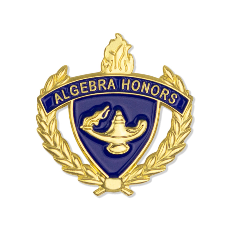 1 INCH GOLD "ALGEBRA HONORS" WITH LAMP OF LEARNING AND WREATHS ENAMELED LAPEL PIN