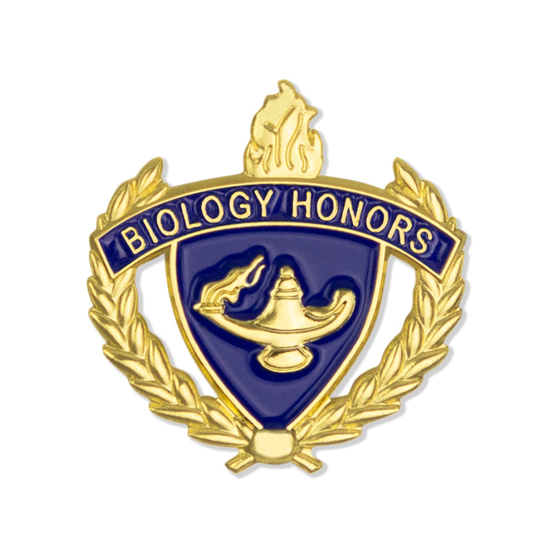 1 INCH GOLD "BIOLOGY HONORS" WITH LAMP OF LEARNING AND WREATHS ENAMELED LAPEL PIN