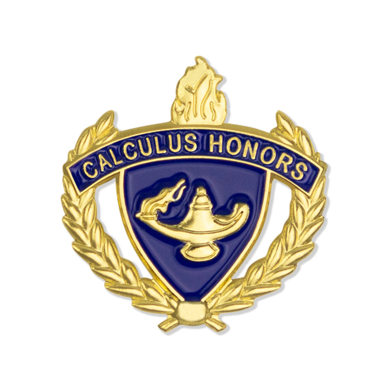 1 INCH GOLD "CALCULUS HONORS" WITH LAMP OF LEARNING AND WREATHS ENAMELED LAPEL PIN