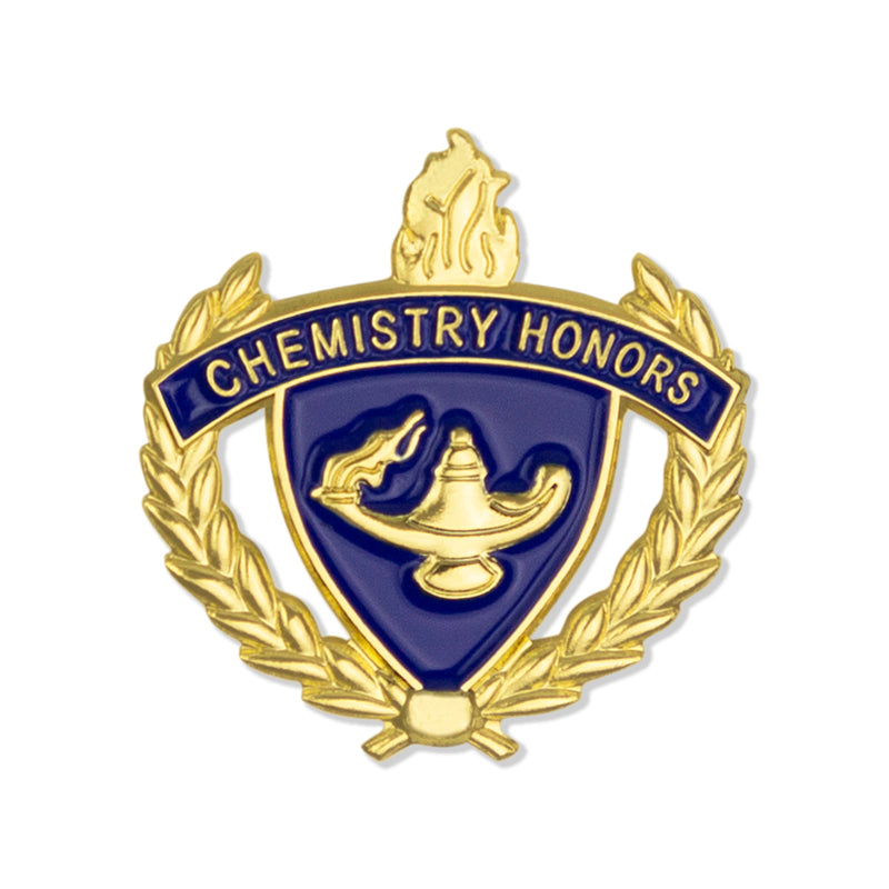 1 INCH GOLD "CHEMISTRY HONORS" WITH LAMP OF LEARNING AND WREATHS ENAMELED LAPEL PIN