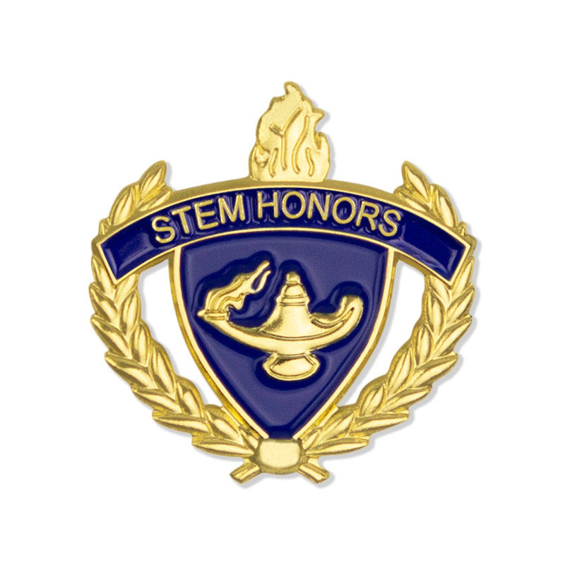 1 INCH GOLD "STEM HONORS" WITH LAMP OF LEARNING AND WREATHS ENAMELED LAPEL PIN