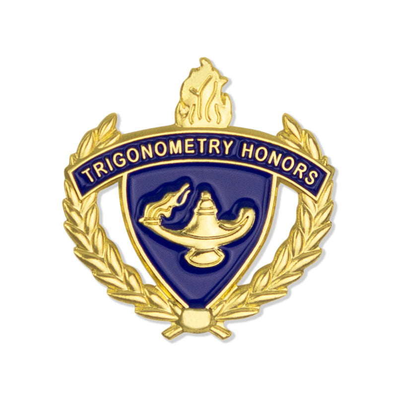 1 INCH GOLD "TRIGONOMETRY HONORS" WITH LAMP OF LEARNING AND WREATHS ENAMELED LAPEL PIN