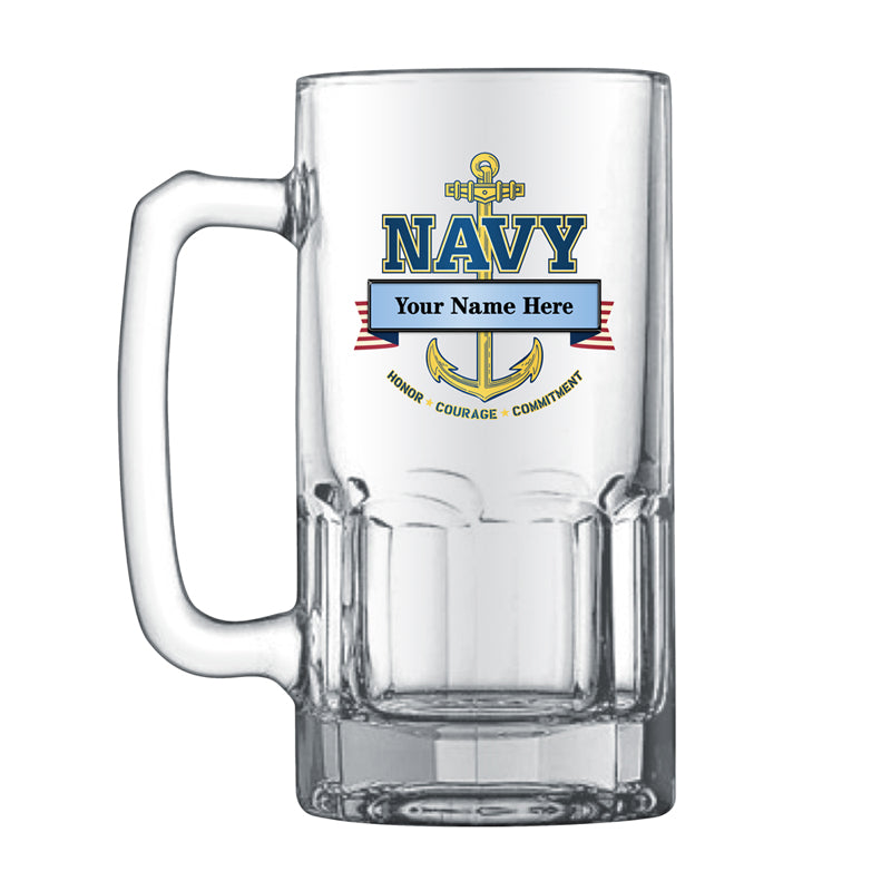 1 LITER U.S. NAVY GLASS STEIN WITH BANNER FOR PERSONALIZATION NAME AND RANK