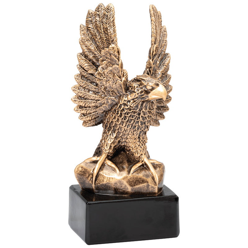 10-1/2 INCH ANTIQUE GOLD RESIN AMERICAN EAGLE TROPHY ON BLACK BASE