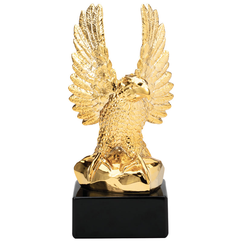 10-1/2 INCH BRIGHT GOLD RESIN AMERICAN EAGLE TROPHY ON BLACK BASE