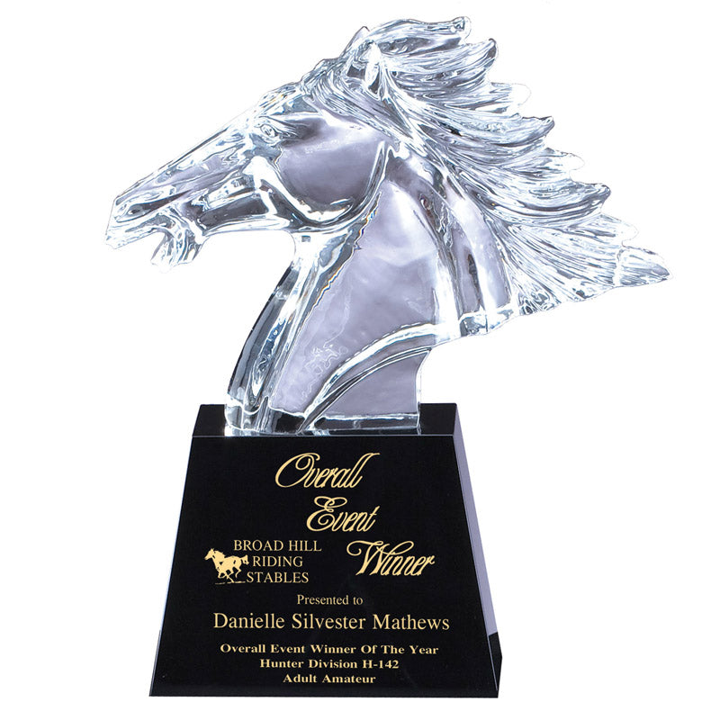 10-1/2 x 12-1/2 OPTICAL CRYSTAL HORSE HEAD ON BLACK CRYSTAL BASE