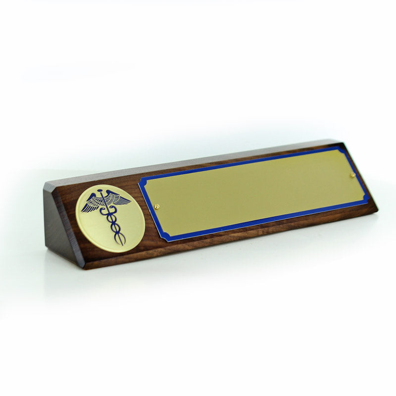 10-1/2 INCH x 3 INCH CADUCEUS GENUINE WALNUT DESK BLOCK WITH 2 INCH ETCHED ENAMEL MEDALLION MATTE BLUE/GOLD NAME PLATE