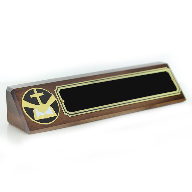 10-1/2 INCH x 3 INCH CLERGY GENUINE WALNUT DESK BLOCK WITH 2 INCH ETCHED ENAMEL MEDALLION SCREENED BLACK NAME PLATE