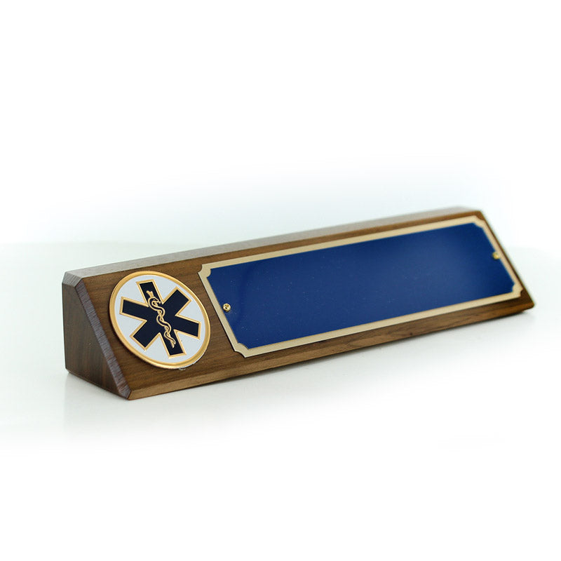 10 1/2 INCH X 3 INCH GENUINE WALNUT DESK BLOCK WITH 2 INCH EMBOSSED PARAMEDIC MEDALLION BLUE GOLD ALUMINUM NAME PLATE