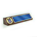 10 1/2 X 3 INCH GENUINE WALNUT POLICE OFFICER DESK BLOCK WITH 2 INCH EMBOSSED POLICE MEDALLION BLUE GOLD ALUMINUM NAME PLATE