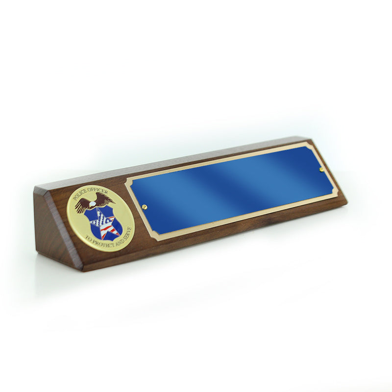 10 1/2 X 3 INCH GENUINE WALNUT POLICE OFFICER DESK BLOCK WITH 2 INCH EMBOSSED POLICE MEDALLION BLUE GOLD ALUMINUM NAME PLATE