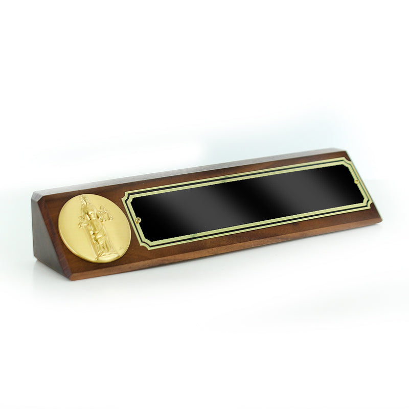 10-1/2  INCH x 3 INCH JUDICIAL GENUINE WALNUT DESK BLOCK WITH 2 INCH ETCHED ENAMEL MEDALLION SCREENED BLACK NAME PLATE