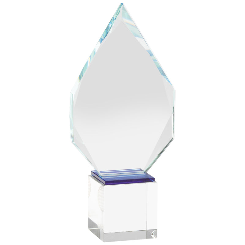 10-1/2 x 4-3/4 INCH OPTICAL CRYSTAL ARROW HEAD AWARD WITH A BLUE BOTTOM ON SQUARE CRYSTAL BASE