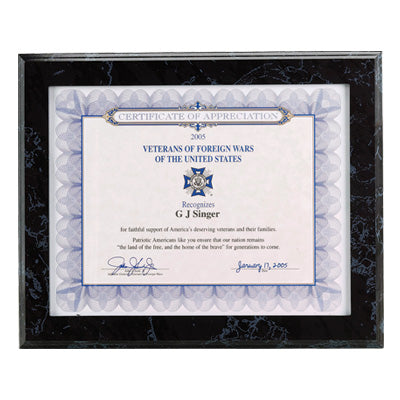10-1/2 X 13 BLACK SIMULATED MARBLE PLAQUE HOLDS 8-1/2 X 11 INCH CERTIFICATE