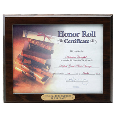 10-1/2 X 13 PLAQUE, RUBY WOOD FINISH, HOLDS 8-1/2 X 11 CERTIFICATE