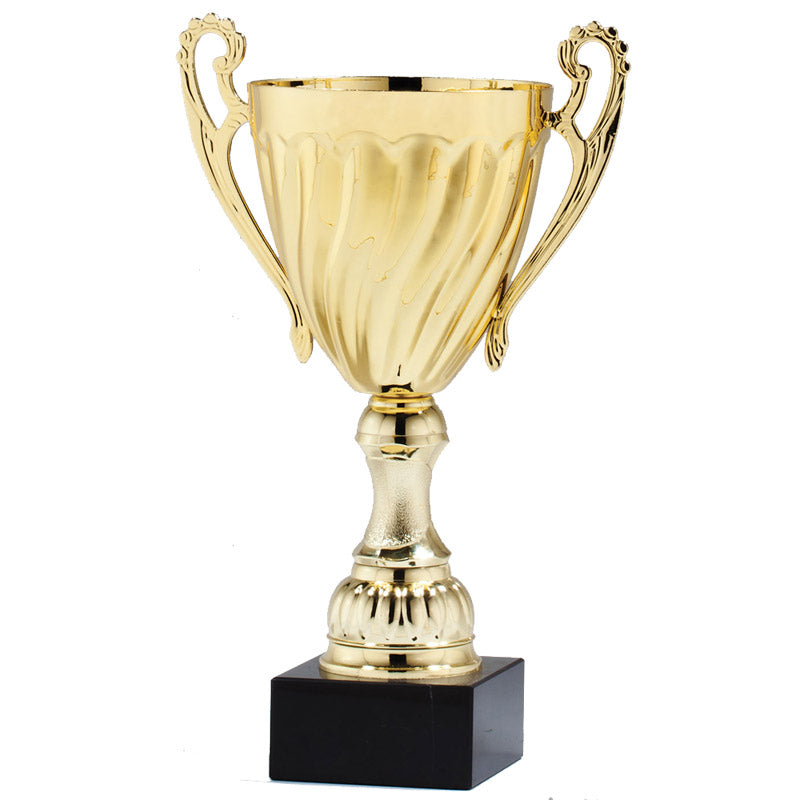 10-1/4 INCH HEIGHT SWIRL GOLD METAL TROPHY CUP ON A BLACK MARBLE BASE