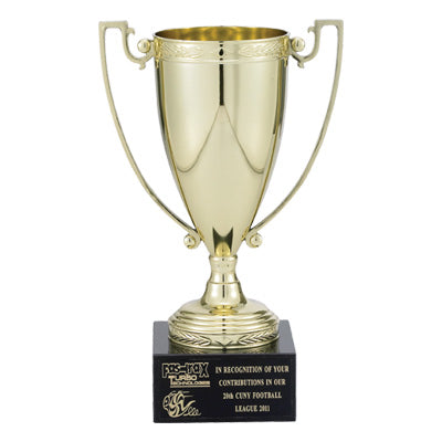 10-1/4 INCH TROPHY WITH 8-1/4 INCH GOLD CUP ON BLACK MARBLE BASE