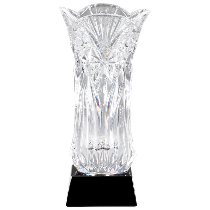 10-3/4 INCH HEIGHT HAND CUT CRYSTAL VASE MOUNTED ON BLACK CRYSTAL BASE