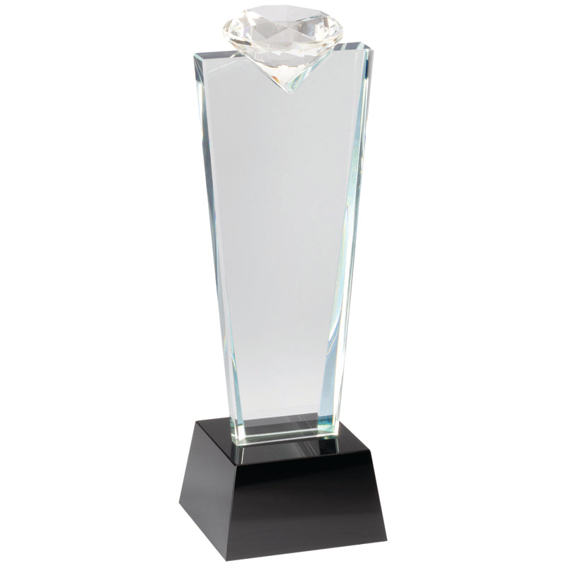 10-3/4 INCH OPTICAL CRYSTAL DIAMOND TOWER AWARD ON BLACK CRYSTAL BASE