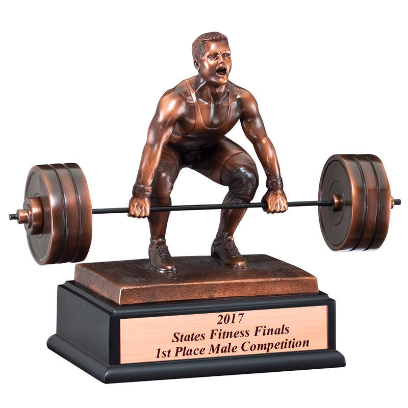 10 INCH DEAD LIFTER TROPHY ANTIQUE BRONZE FINISH ON BLACK BASE