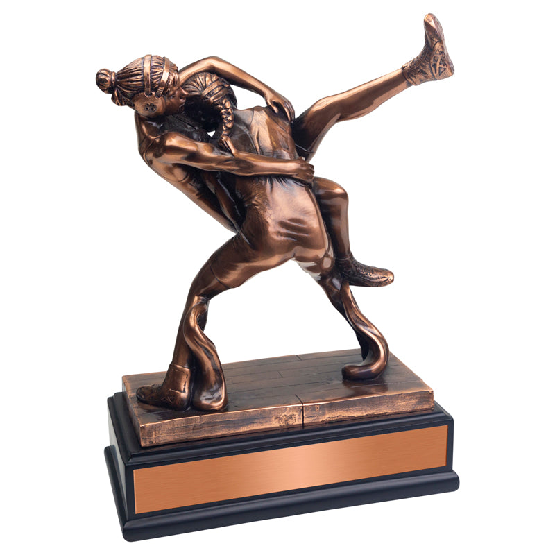 10 INCH ANTIQUE BRONZE DOUBLE FEMALE WRESTLERS TROPHY ON BLACK WOOD BASE