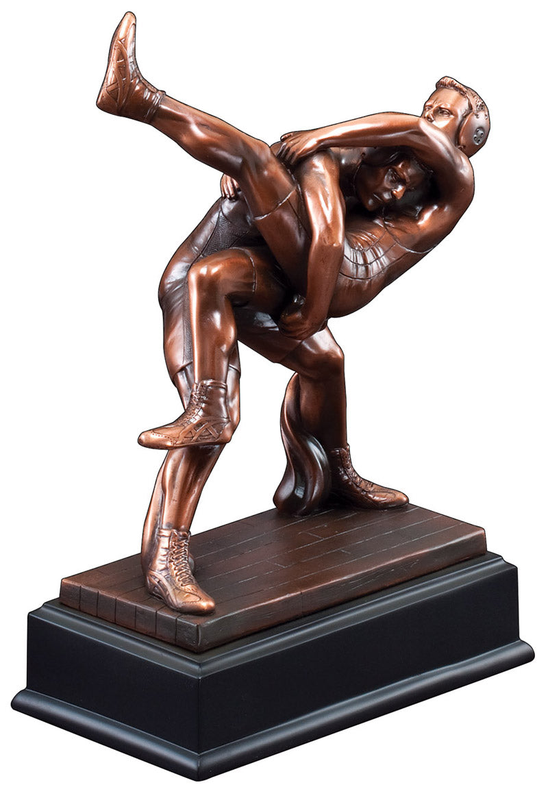10 INCH ANTIQUE BRONZE ELECTROPLATED WRESTLER TROPHY ON BLACK WOOD BASE