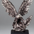 10 INCH ELECTROPLATED ANTIQUE SILVER AMERICAN EAGLE FLAG TROPHY ON BLACK BASE