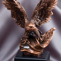 10 INCH ELECTROPLATED ANTIQUE BRONZE AMERICAN EAGLE FLAG TROPHY ON BLACK BASE