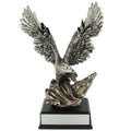 10 INCH ELECTROPLATED ANTIQUE SILVER AMERICAN EAGLE FLAG TROPHY ON BLACK BASE