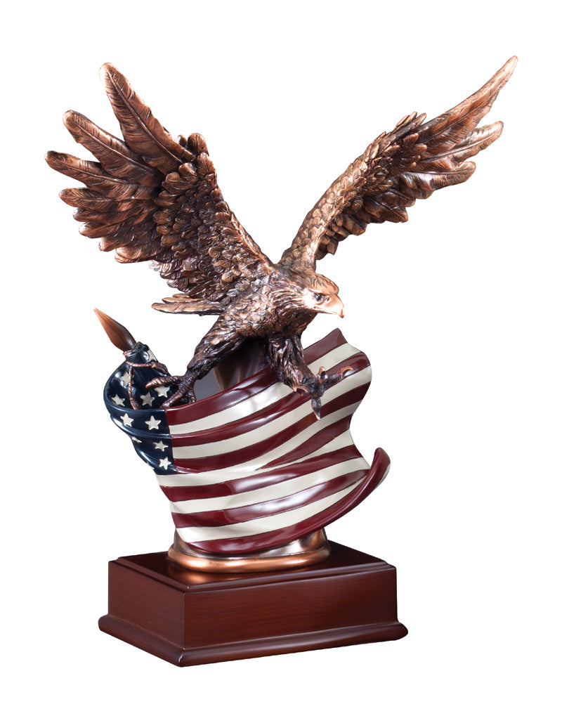 10 INCH ELECTROPLATED BRONZE ATTACKING EAGLE WITH PAINTED AMERICAN FLAG TROPHY ON WALNUT FINISH BASE