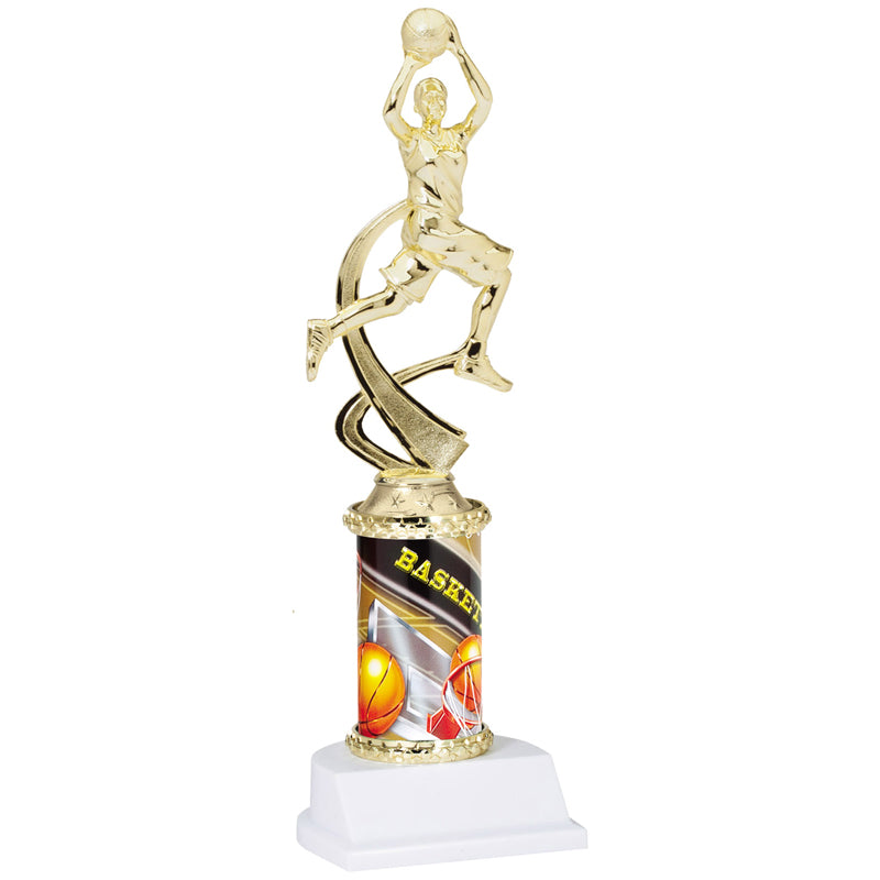 10 INCH FEMALE BASKETBALL SPORT MOTION TROPHY ON A WHITE SYNTHETIC BASE