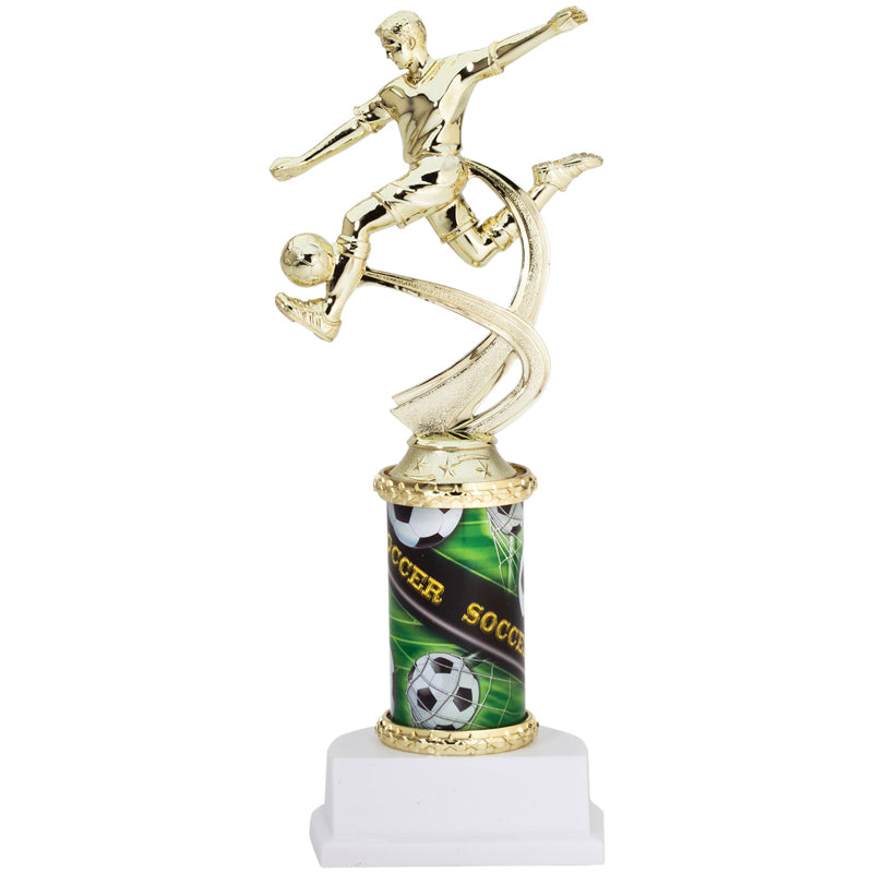 10 INCH MALE SOCCER SPORT MOTION TROPHY ON A WHITE SYNTHETIC BASE