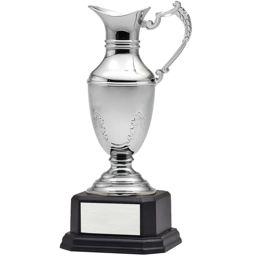 10 INCH NICKEL PLATED POLISHED SILVER CLARET JUG CUP ON BLACK BASE