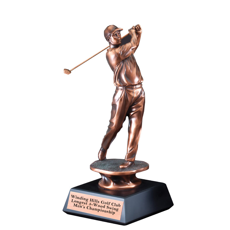 10 INCH MALE GOLF TROPHY FOLLOW THROUGH SWING ELECTROPLATED BRONZE ON BLACK BASE