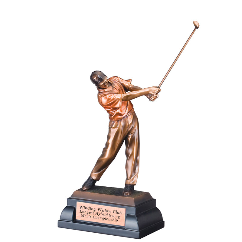 10 INCH MALE GOLFER TROPHY ELECTROPLATED BRONZE WITH TINTED COLOR SHIRT ON BLACK BASE