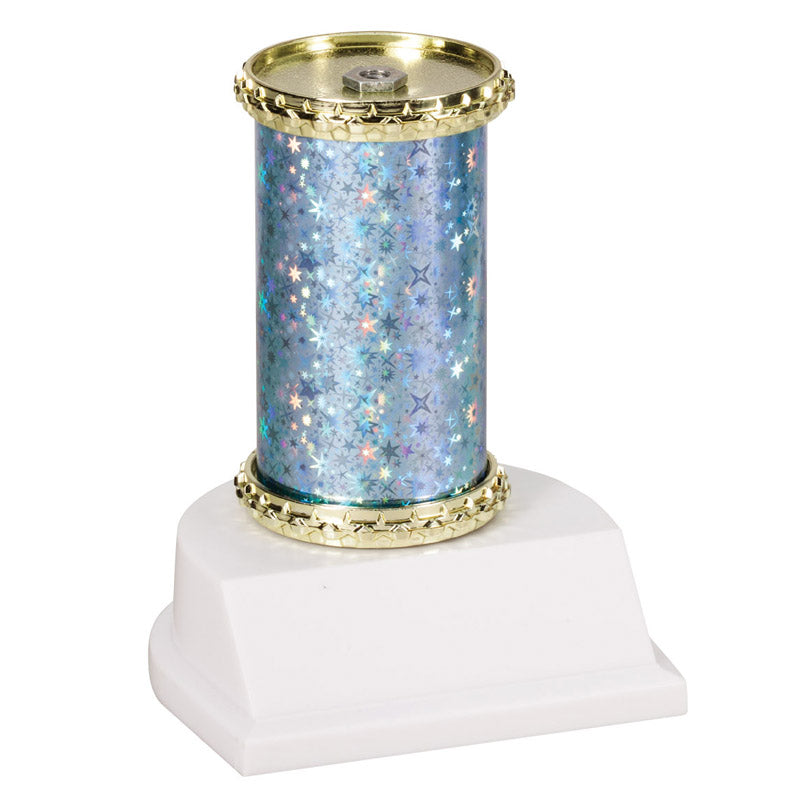 10 INCH STAR SPARKLE COLUMN TROPHY LIGHT BLUE & GOLD SYNTHETIC WHITE BASE