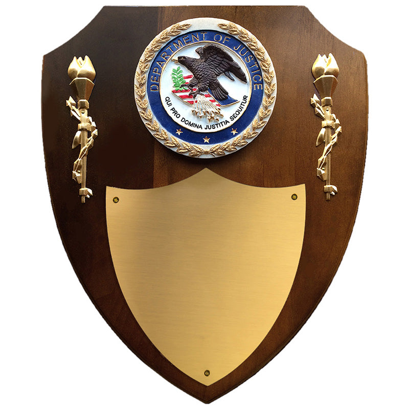 10 X 12 INCH DEPARTMENT OF JUSTICE WALNUT VENEER SHIELD PLAQUE