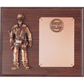 10 X 12 INCH WALNUT FINISH FIREFIGHTER PLAQUE, WITH BRONZE FIGURE AND 2 INCH INSERT