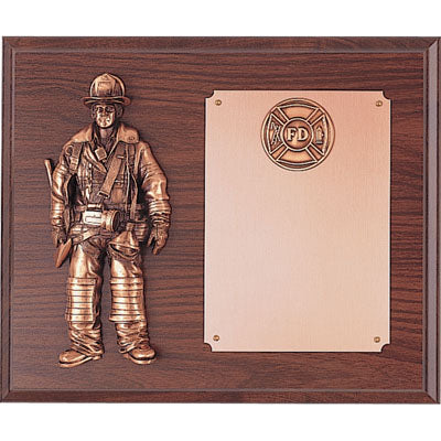 10 X 12 INCH WALNUT FINISH FIREFIGHTER PLAQUE, WITH BRONZE FIGURE AND 2 INCH INSERT