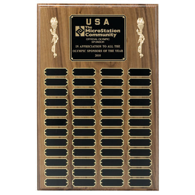 10 X 15 INCH MULTIPLE PLATE WALNUT PLAQUE WITH 24 BLACK SCREENED PLATES