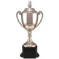 10-1/2 INCH NICKEL PLATED POLISHED SILVER TROPHY CUP ACORN TOP ON BLACK BASE