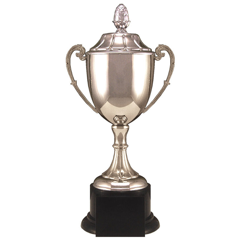 10-1/2 INCH NICKEL PLATED POLISHED SILVER TROPHY CUP ACORN TOP ON BLACK BASE