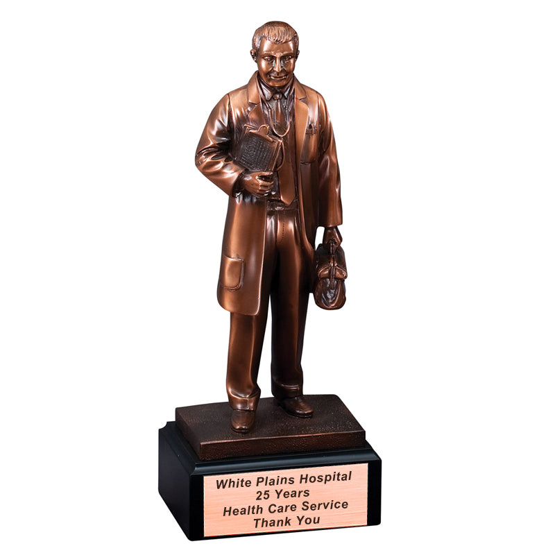 11-1/2 INCH DOCTOR TROPHY ELECTROPLATED ANTIQUE BRONZE FINISH MOUNTED ON BLACK BASE WITH COPPER ENGRAVING PLATE