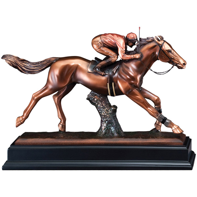 11-1/2 INCH ELECTROPLATED BRONZE JOCKEY ON RACING HORSE TROPHY
