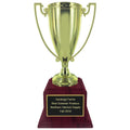 10-1/2 INCH HEIGHT BRIGHT GOLD METAL CUP TROPHY ON ROSEWOOD PIANO FINISH BASE