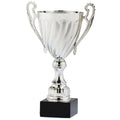 11-1/2 INCH HEIGHT SWIRL SILVER METAL TROPHY CUP ON A BLACK MARBLE BASE