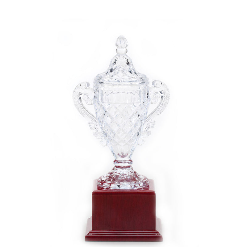 11-1/2 INCH LEAD CRYSTAL TROPHY CUP MOUNTED ON ROSEWOOD BASE
