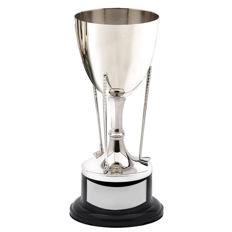 11-1/2 INCH NICKEL POLISHED GOLF CUP TROPHY 3 CLUBS ON BLACK BASE
